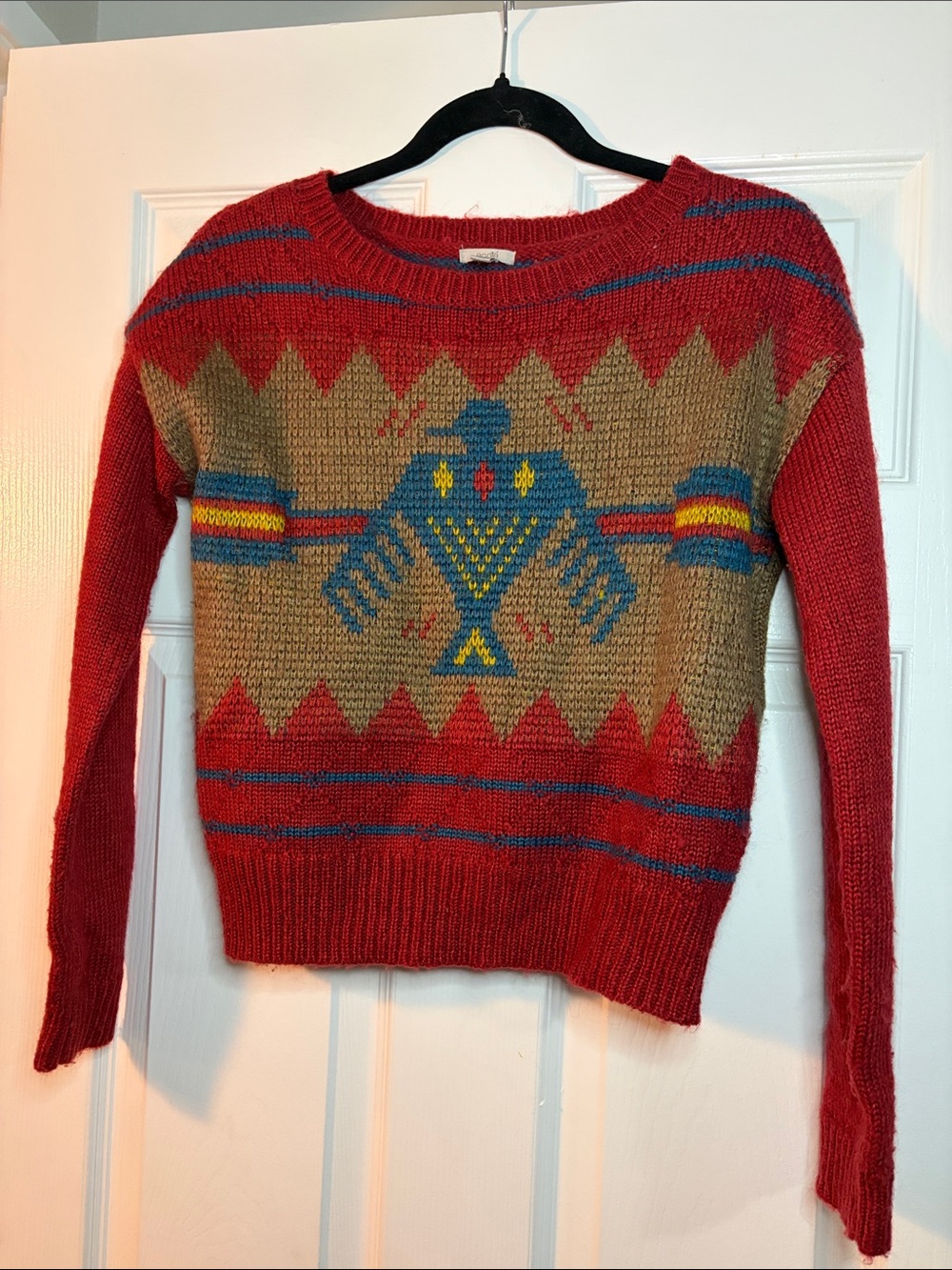 Ecote Red Crewneck Sweater with Tan Panel and Blue Tribal Bird